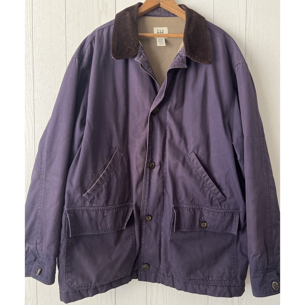 Vintage 90s GAP Field Jacket Mens L Faded Blue Corduroy Collar Barn Chore